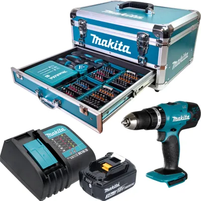 Produktbild von Makita DHP 453 SF1X9 Akku Schlagbohrschrauber 18 V 42 Nm + 1x Akku 3,0 Ah + Ladegerät + 96 tlg. Zubehör Set + Koffer
