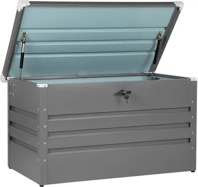 Produktbild von BELIANI Gartentruhe Grau Metall 300 L 100 x 62 cm Wasserdicht Abschließbar mit Deckel Garten Terrasse Aufbewahrungsbox Gartenbox Kissenbox Auflagenbox