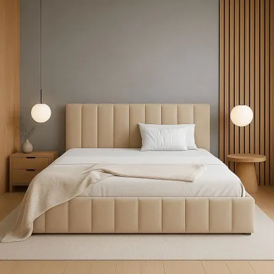 Immagine prodotto di Letto imbottito GUTTO CARAMEL 120x200 Rete a doghe in legnoTessuto velluto beige senza box e contenitore