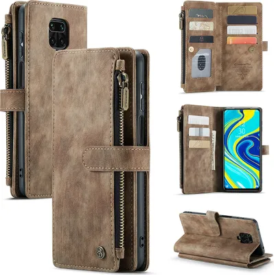 A collage of images showcasing a brown leather wallet-style phone case for a Xiaomi Redmi Note 9S / 9 Pro / 9 Pro Max.