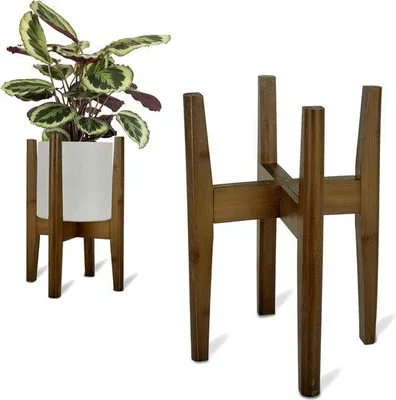 Image de Support à plantes réglable en bambou - Étagère d'angle pour plantes d'intérieur - Bambou noyer