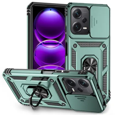 Immagine prodotto di Xiaomi Redmi Note 12 5G custodia a doppio strato con copertura scorrevole della fotocamera e supporto ad anello verde