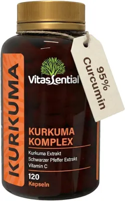 Produktbild von Kurkuma Komplex - Hochdosiert Curcuma Extrakt 95% Curcumin mit Piperin & Vitamin C – Entzündungshemmer - Gelenke, Immunsystem & Verdauung