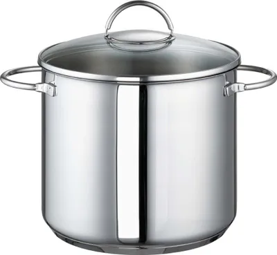 A shiny stainless steel soup pot with a glass lid and handles, isolated on a white background.