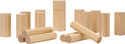 A collection of wooden blocks and cylinders arranged on a white background.