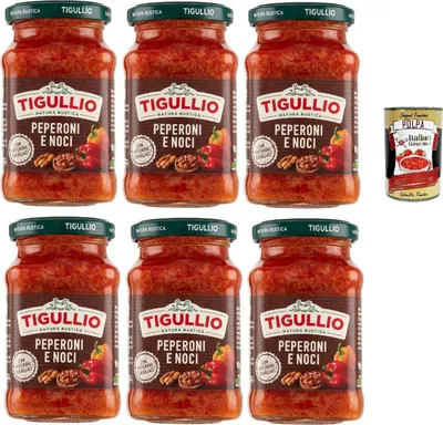 Produktbild von Tigullio Pesto Peperoni e Noci 6 x 190g Pastasauce mit gegrillten Paprika und Walnüssen cremig würzig italienische Salsa für Pasta Brot Dip + Italian Gourmet polpa