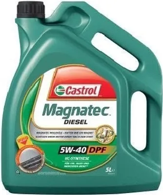 A green plastic container of Castrol Magnatec Diesel engine oil.