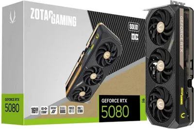 A ZOTAC GeForce RTX 5080 graphics card and its packaging are shown.