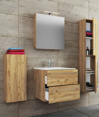 Produktbild von VCM 5-tlg. Set | 1 Waschtisch mit zwei Schubladen, 1 Spiegelschrank, 1 Waschbecken, 1 Midischrank, 1 Hochschrank | Keramik Waschbecken | hängend Unterschrank 60 cm | Badmöbel Set Waschplatz – Badinos