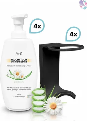 Produktbild von SET: Feuchttuch aus der Flasche 4x300 ml + 4x Wandhalterung schwarz, Intim Reinigungs- & Pflegeschaum