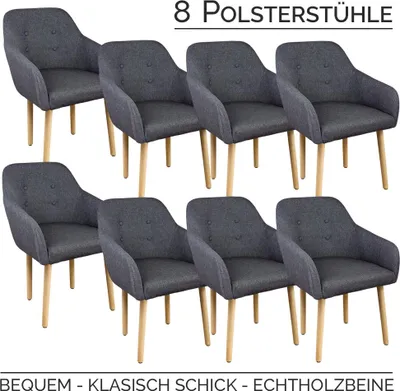 8 Stühle mit umlaufender Armlehne, Holzbeine und dunkelgrauem Stoff auf Rückenlehne, Sitzpolster und Armlehne
