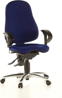 A blue office chair with a silver base and black armrests, shown against a white background.