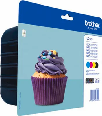 A Brother ink cartridge multipack with a cupcake image on the packaging.