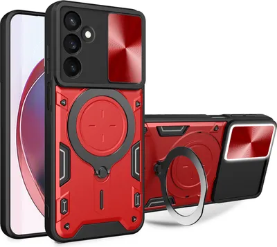 Produktbild von Handyhülle für Samsung Galaxy A25 Dual-Layer Stoßfest Rüstung Hülle mit Dia Kameraschutz und Kreisförmig Ring Ständer Rot