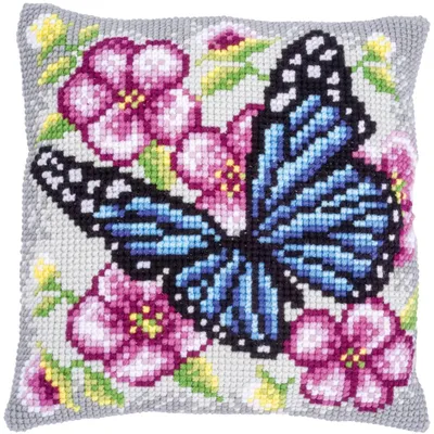 Produktbild von Vervaco Kreuzstichkissen "Schmetterling zwischen Blumen", Stickbild vorgezeichnet, 40x40cm