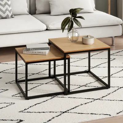 Produktbild von Couchtisch 2er Set mit Metallgestell, Wohnzimmertisch Modern, Quadratisch in Eiche hell, für Wohnzimmer