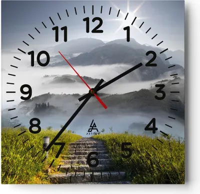 Produktbild von Wanduhr - Quadrat - Glasuhr - Berg Nebel Landschaft Morgen - 30x30cm - Schleichendes Uhrwerk - Lautlos - zum Aufhängen bereit - Dekoration Modern - Wanddekoration aus Glas - C4AC30x30-2478