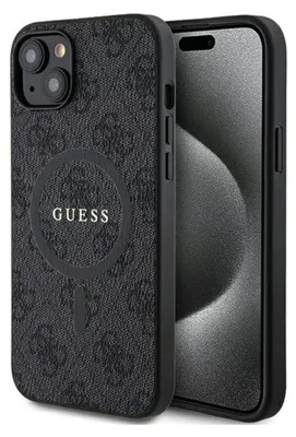 Produktbild von Guess 4G Collection Leder Metall Logo Magsafe Etui Für Iphone 15 / 14 / 13 - Schwarz