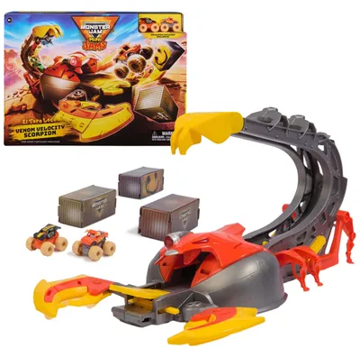 Zdjęcie produktu dla Monster Jam Mini „El Toro Loco Venom Velocity Scorpion” Playset – zestaw wyścigowy z dwoma ciężarówkami 1:87