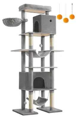 Obrázek produktu pro Kočičí strom 201 cm – Kočičí strom – Sisal, plyš, dřevotříska – 78 x 48 x 201 cm – světle šedá platforma