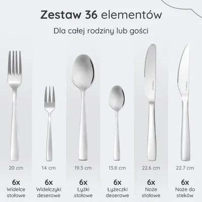 Zdjęcie produktu dla Deleca zestaw sztućców 36 elementów dla 6 osób - sztućce można myć w zmywarce - noże, widelce, łyżki, noże do steków, widelczyki do ciasta - błyszcząca stal nierdzewna
