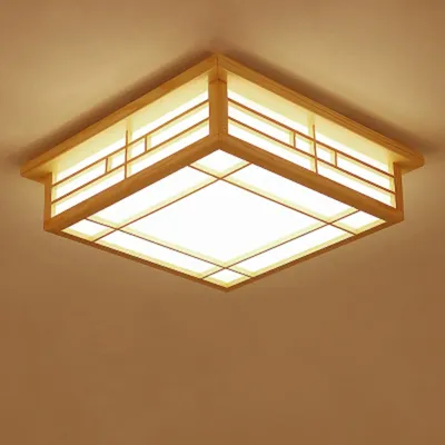 Produktbild von Deckenleuchte im japanischen Stil, LED 24W, quadratische Basis, Kiefernholz & PVC, warmes Licht für Schlaf- oder Wohnzimmer