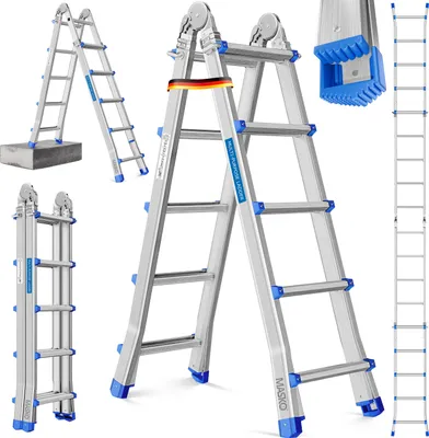Produktbild von MASKO Aluminium 6in1 Mehrzweckleiter – 20 Sprossen | - 520 cm | 150 Kg, ausziehbar, Rutschfest, Multifunktional, Gelenkleiter, Anlegeleiter, Klappleiter, beidseitige Steh- und Treppenleiter