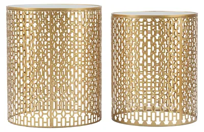 Immagine prodotto di Set 2 Tavolini Oblin in Metallo Oro e Vetro Specchio - Ø 41x50cm e 37,5x47cm - Decorazioni Barocche Glam per Living Moderno