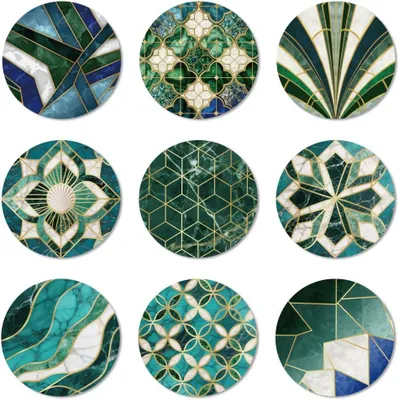 Image de 9 sous-verres ronds, motif floral vert, pour verres