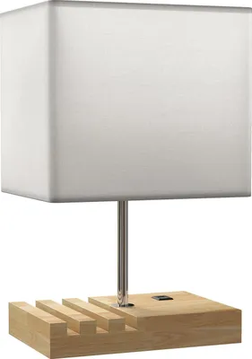 Image de Lampe de chevet avec ports USB, bois et tissu, blanche