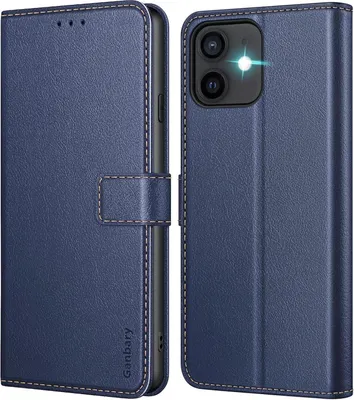 Produktbild von Ganbary iPhone 12/12 Pro Leder Klapphülle Blau mit Kartenschlitzen & Standfunktion