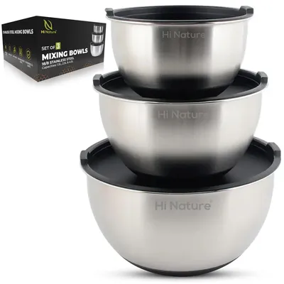 Imagen del producto de Solidchoice - Juego de 3 tazones de acero inoxidable para mezclar, con tapa, apilables y aptos para lavavajillas