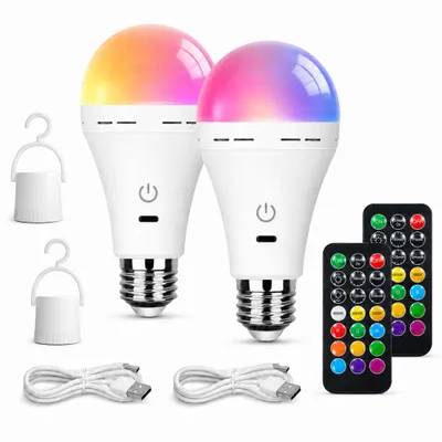Produktbild von 2er set E27 LED-RGB Glühbirne mit Fernbedienung, 2600mAh-Akku, USB-wiederaufladbar, dimmbar, Timer, 3 Farbtemperaturen,kabellos,mit Haken,Nachtlichter