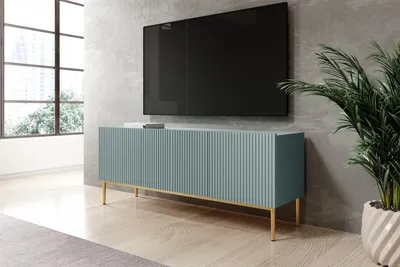 Zdjęcie produktu dla Szafka RTV Nicole 150 cm z szufladą szałwia na złotych metalowych nogach