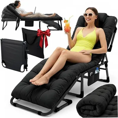 Image de Lit d'appoint pliable et transat avec matelas et coussin - Transat de jardin réglable sur 5 positions - Idéal pour dormir et se détendre - Dimensions : 193 x 67 x 40-75,5 cm - Convient pour le camping, le jardin et les invités - Noir