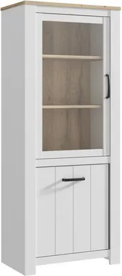 Image de Vitrine ELARA, 2 portes dont 1 vitrée, Chêne et Blanc Mat, 76,9 x 42,2 x 185,5 cm