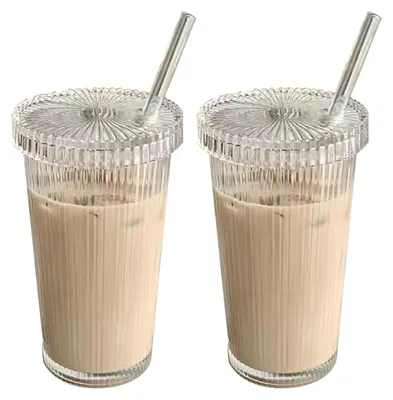 2 Trinkgläser 375 ml mit Deckel & Strohhalm, Glas