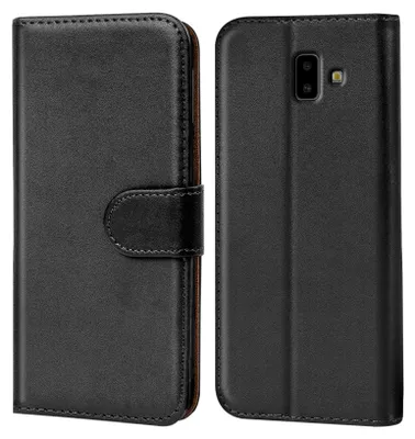 A black book-style phone case is shown from the front and back.