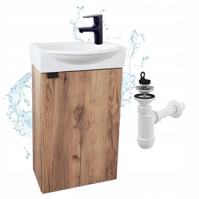 Obrázok produktu pre Stamar | Kúpeľňová skrinka, kúpeľňová skrinka, zlatý dub, s umývadlom 40 cm, batéria Click Clack, sifón