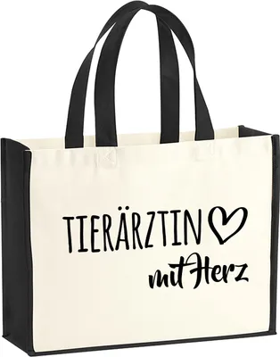 Produktbild von Huuraa Jutetasche Tierärztin mit Herz 21 Liter Black Jute und Baumwolle Einkaufstasche Geschenkidee