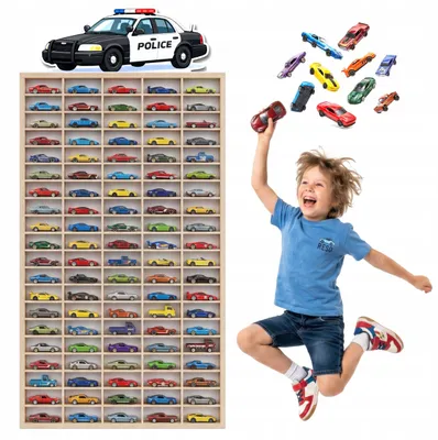 Modellauto-Regal für 100 Autos 1:64 – Wandregal & Setzkasten für Spielzeugautos, Polizei-Motiv, Birken-Sperrholz – mit Modellautos an der Wand