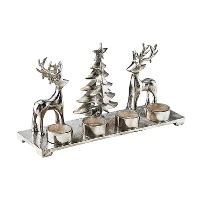 Produktbild von Kobolo Kerzenhalter Teelichthalter -Weihnachtsbaum+Rentiere- Metall - silber - 33x10x17 cm