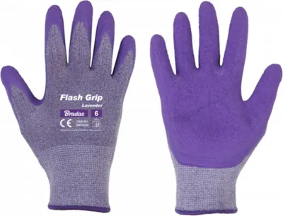 A pair of purple and gray work gloves shown from the front and back.