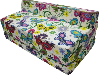 A folded mattress with a butterfly and floral pattern.