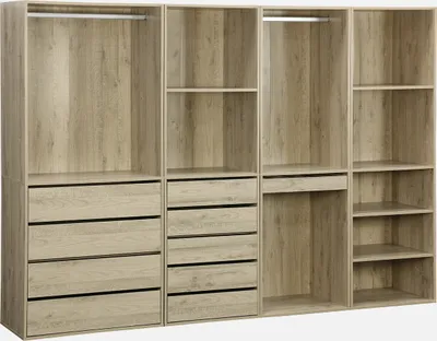A modular wardrobe set with multiple compartments and drawers, made of wood-effect material.