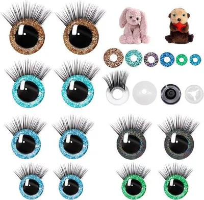 Produktbild von 12 Sicherheitsaugen, Puppenaugen, Glitzer, Sicherheitsaugen mit Wimpern und Ösen, Kunststoff-Bastelaugen für