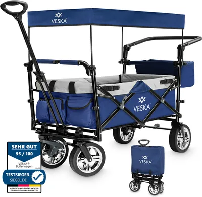 Produktbild von Bollerwagen faltbar mit Dach Handwagen Transportwagen, 2 Sitzer mit 3-Punkt Gurtsystem, klappbar, Vollgummi-Reifen, bis 80 kg, Vorder- und Hinter-Bremse + Tragetasche - blau/grau