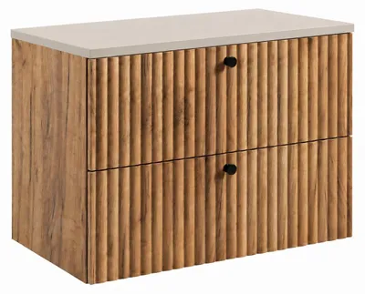Obrázek produktu pro Závěsná skříňka do koupelny s deskou 80, Imitace dub Craft Gold + deska Kashmir, úchytky ve třech barvách, rozměry 80 x 44,4 x 58,6 cm, Obrázek vytvořený pomocí AI
