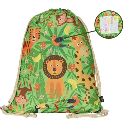 Produktbild von HECKBO Kinder Turnbeutel mit Sichtfenster & Dschungel-Motiv | Sportbeutel für Kindergarten, Schule & Sport | Löwe, Tiger, Giraffe