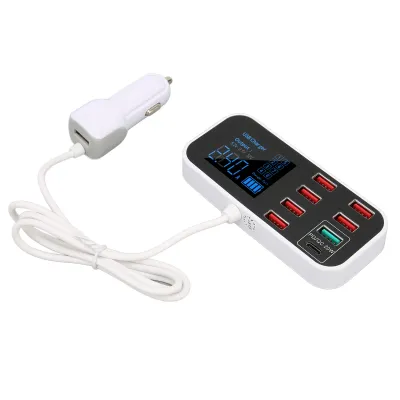A white car charger adapter is connected by a white cable to a black and white multi-port USB charging station with an LCD screen.